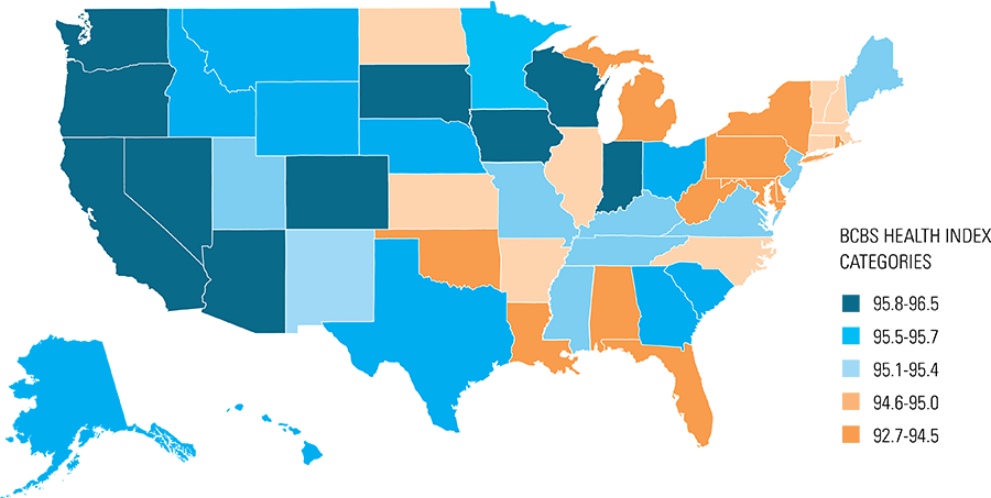 BCBS Health Index for Millennials (Ages 21-36) by State (2017)