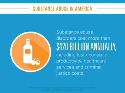 Substance abuse disorders cost more than $420 billion annually, including lost economic productivity, healthcare services, and criminal justice costs.