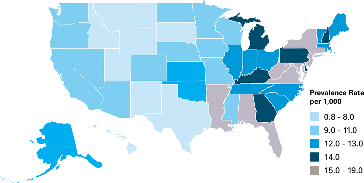 FIGURE B: PREVALENCE OF CROHN’S AND ULCERATIVE COLITIS PER 1,000 BY STATE, 2018