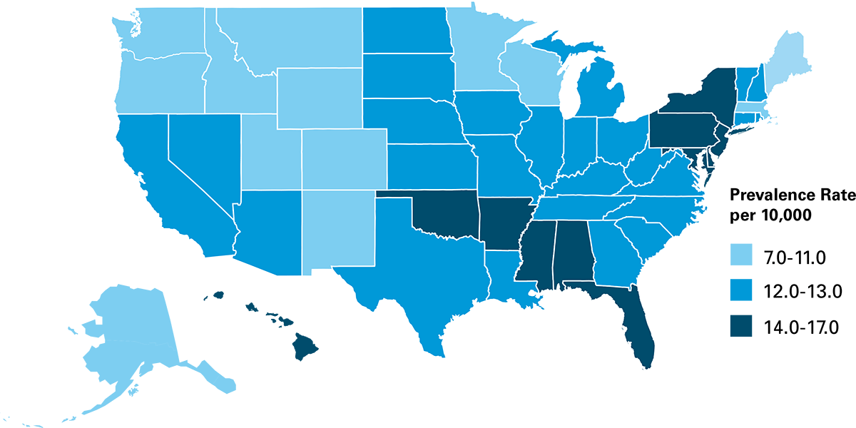 FIGURE C: PREVALENCE OF COLORECTAL CANCER PER 10,000 BY STATE, 2018