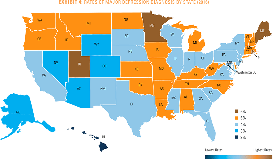 Exhibit 4: Rates of major depression diagnosis by state 2016