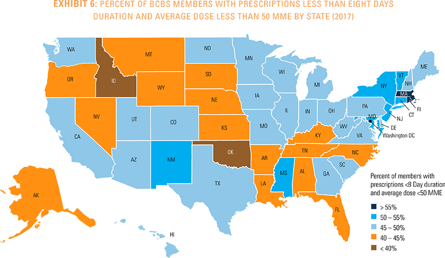 Exhibit 6 - Percent of BCBS members with prescriptions less than eight days duration and average dose less than 50 MME by state 2017