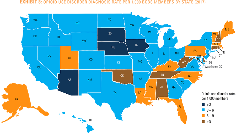 Exhibit 8 - Opioid use disorder diagnosis rate per 1,000 BCBS members by state 2017