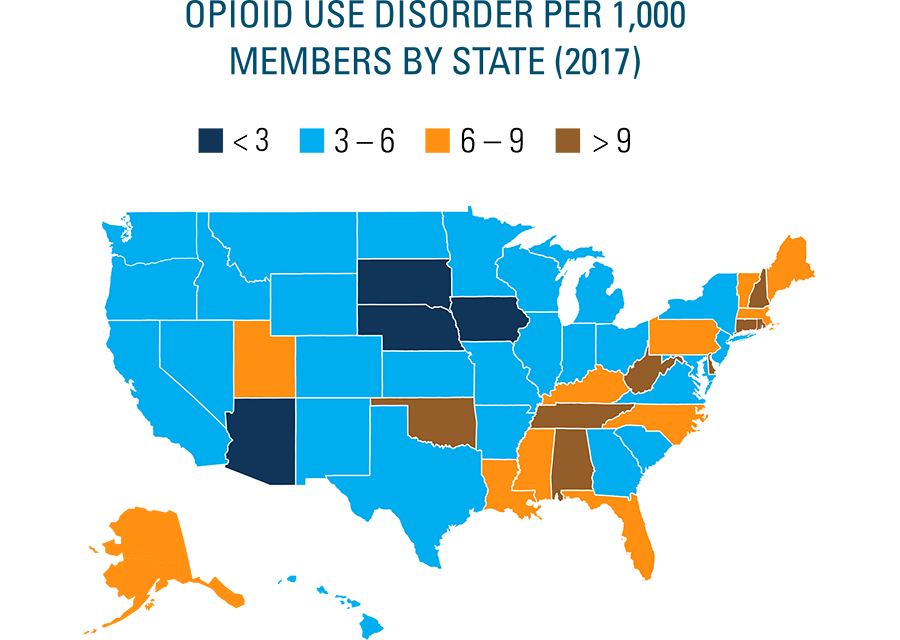 Opioid use disorder per 1,000 members by state 2017