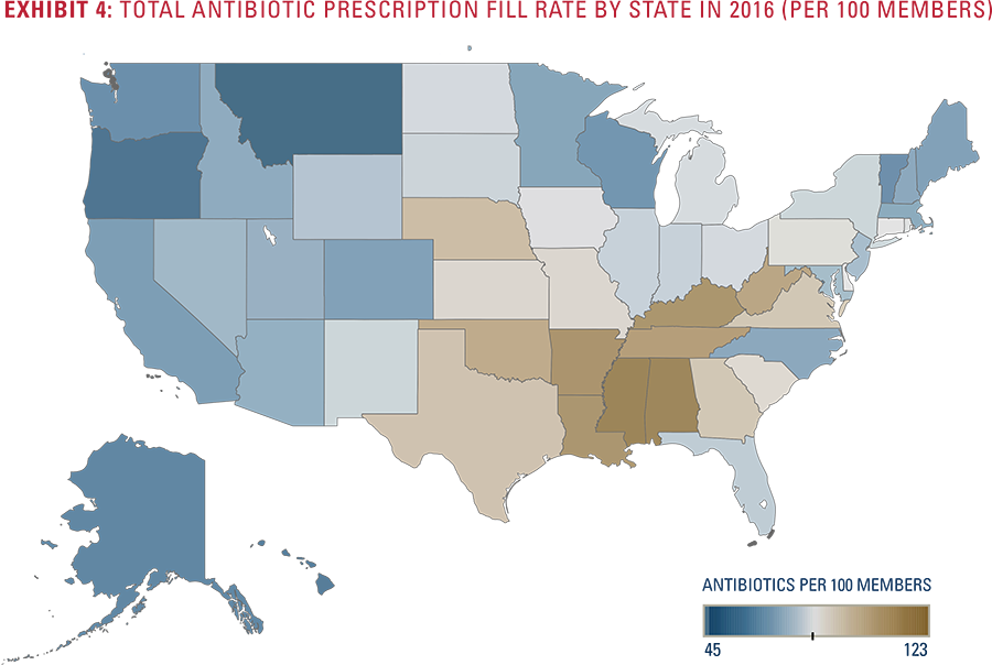 Exhibit 4 - Total Antibiotic Prescription Fill Rate by State in 2016 (per 100 Members)