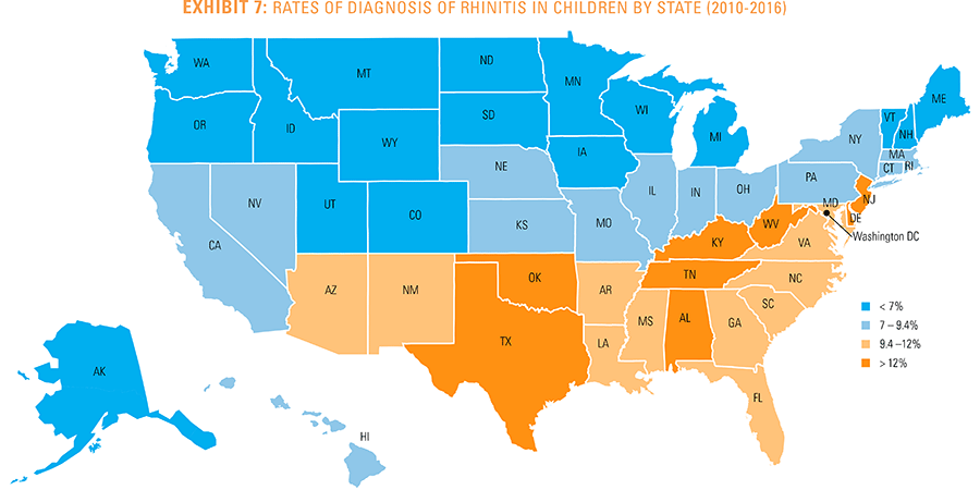 Exhibit 7: Rats of diagnosis of rhinitis in children by state 2010-2016