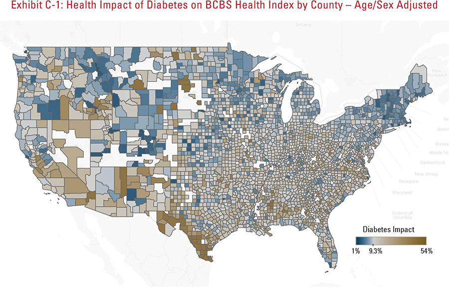 Exhibit C-1 - Health impact of diabetes on BCBS Health Index by county - age/sex adjusted