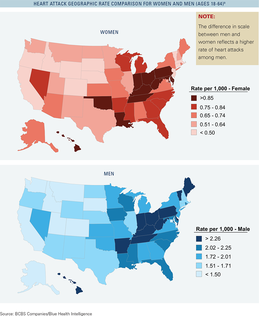 Heart attack geographic rate comparison for women and men